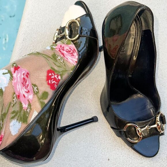 GUCCI Green Patent Leather Hollywood Horsebit Peep Toe Pumps Size 7.5 - Picture 2 of 12